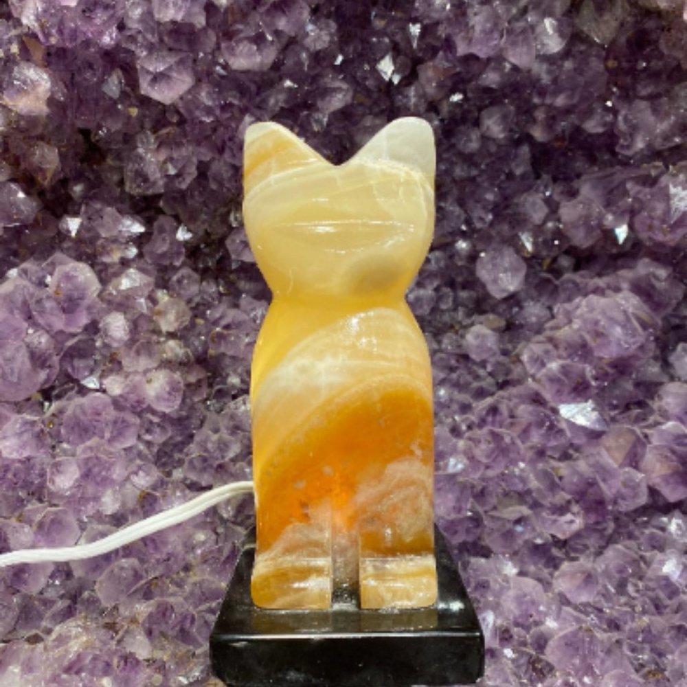 Amber Onyx Cat Lamp with Bulb and Cord, Boho Decor, Bedroom Decor, Fun Lights